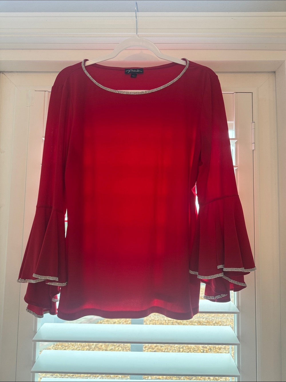 Prelude Red Rhinestone-Trim Bell Sleeve Blouse